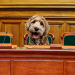 Cute puppy looking out from behind a court house bench. Court tosses out Ziggies claim to puppies.