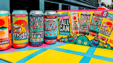 The Phillips summer octobox. This mix pack has the Tilt Lager, the Glitterbomb Hazy Pale Ale, the Tiger Shark Pale Ale, and the Solaris White Peach Ale.