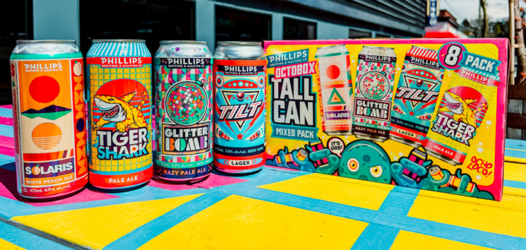 The Phillips summer octobox. This mix pack has the Tilt Lager, the Glitterbomb Hazy Pale Ale, the Tiger Shark Pale Ale, and the Solaris White Peach Ale.