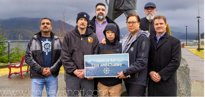 A gathering was held at Mariners Park in Prince Rupert to commemorate Troy Pearson and Charley Cragg's lives and advocate for better safety regulations for workers on commercial vessels on the coast.