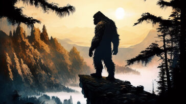 Sasquatch silhouette standing on cliff ledge