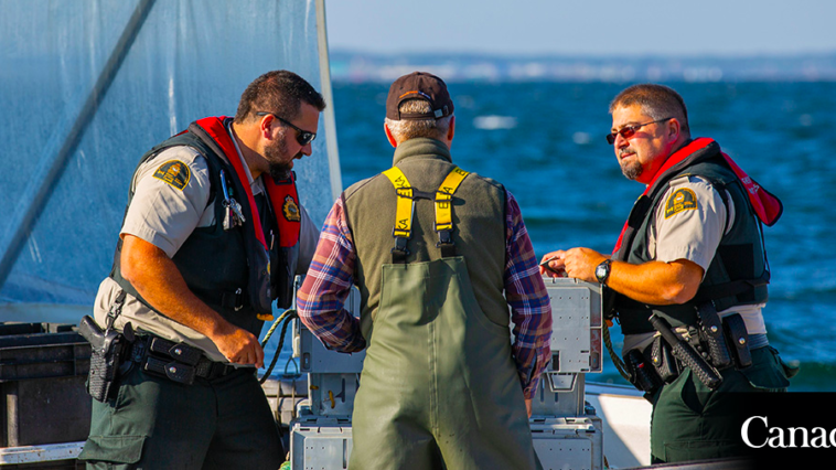 DFO officers performing compliance checks on the water to remind harvesters of the importance of following regulations and licence conditions, and to educate on marine mammal regulations. While electronic monitoring and digital systems are essential for DFO work, having a presence on the waters is just as important. Source: Fisheries and Oceans Canada on Facebook.