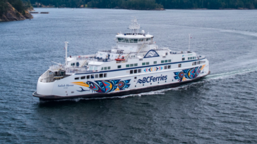 The Salish Heron is the newest ferry in the BC Ferries fleet. The artwork on the sides is by Coast Salish artist Maynard Johnny Jr. This vessel is part of the Salish class fleet, which honours the Coast Salish people as the traditional stewards and original mariners of the Salish Sea. With a capacity for 138 vehicles and 600 passengers/crew, the Salish Heron boasts a quiet operation and smooth sailing experience for passengers while being environmentally friendly with its low hydrodynamic resistance and small wake.