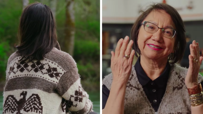 A woman with a Cowichan sweater.