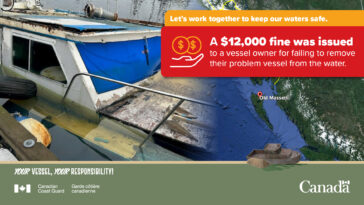 A visual from the Canadian Coast Guard's Facebook page highlighting the MV Dorothy Gale incident, a 25-foot fiberglass pleasure boat responsible for structural damage and disrupting the safe use of a public dock. They called on the community to work together in maintaining the safety of our waters and to exercise responsibility for their vessels.