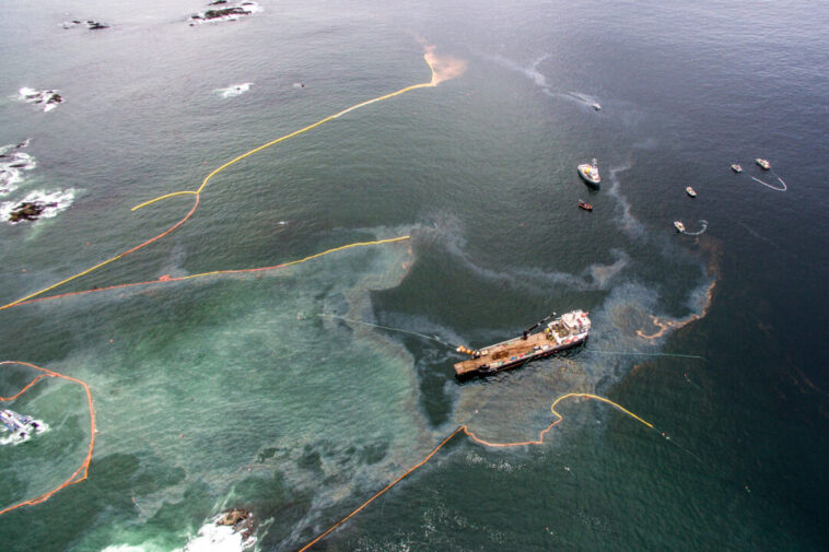 An aerial view of the Nathan E. Stewart spill and cleanup efforts