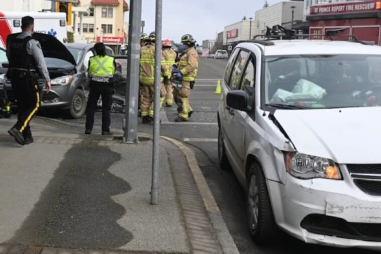 Two vehicles sustain damages in a 2024 car accident in downtown Prince Rupert.